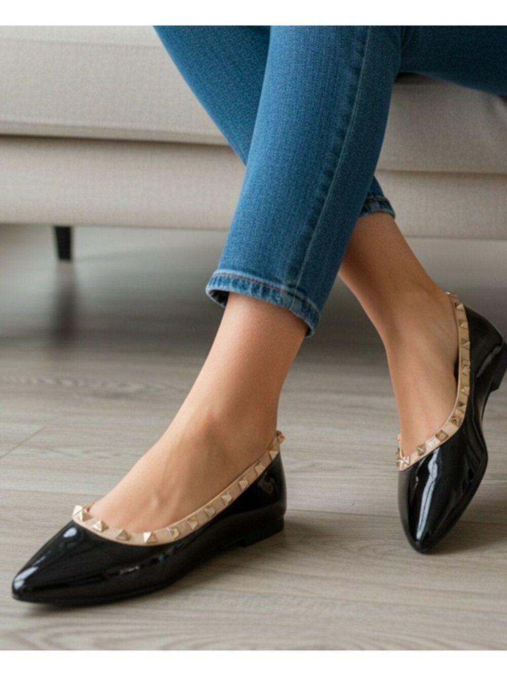 Black Patent Pointed Toe Flats With Gold Studded Trim